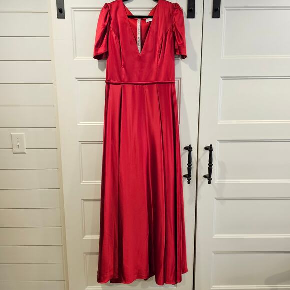 Mac Duggal 26606 Puff Sleeve A Line V Neck Satin Gown Long Dress Red Size 10 - Picture 3 of 11